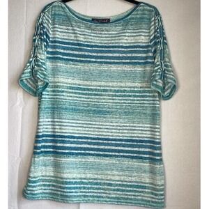 Gloria Vanderbilt Shirt Women Large Blue Multicolor Striped  Short Sleeve